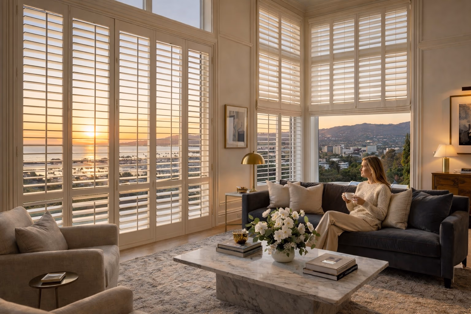 Hunter Douglas Heritance hardwood plantation shutters with wide basswood louvers in a warm interior