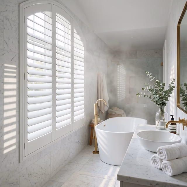 Hunter Douglas Palm Beach polysatin shutters in a moisture-resistant spa bathroom