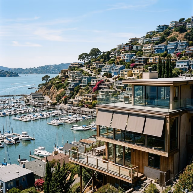 Bay Blinds marine-grade motorized solar shades with salt-air resistant hardware on a hillside home overlooking Sausalito marina and Richardson Bay, Sausalito CA 94965