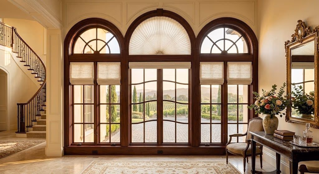 Bay Blinds custom-shaped Hunter Douglas solar shades with 99% UV rejection on Palladian arched windows in a Lucas Valley estate near local estates, Mill Valley CA 94941