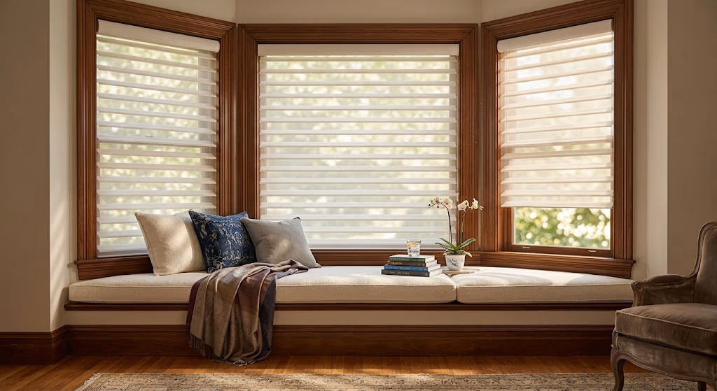 Bay Blinds Hunter Douglas Duette Architella honeycomb shades with R-7.0 insulation in a bay window alcove with filtered light in Novato CA 94945