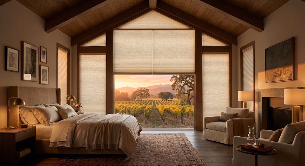 Bay Blinds Hunter Douglas Duette Architella blackout honeycomb shades with cordless LiteRise operation and R-7.0 thermal insulation in a luxury master bedroom, Novato CA 94945