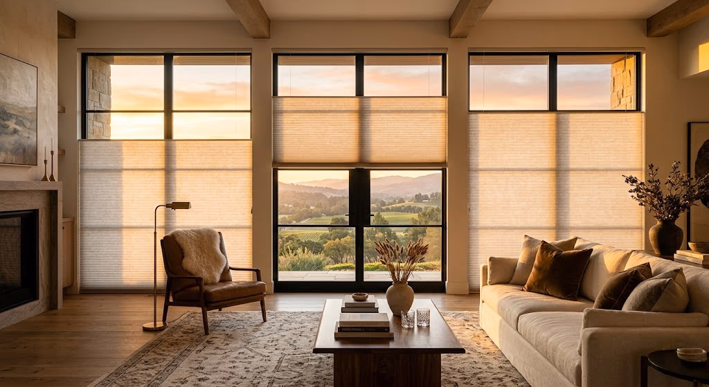 Bay Blinds automated shade positioning for natural circadian light rhythm with Ketra tunable warm-to-cool integration at a Mediterranean courtyard residence near The Madrona, Mill Valley CA 94941