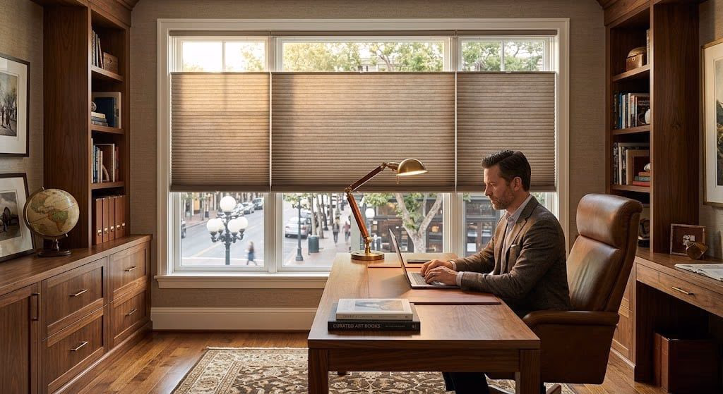 Bay Blinds Hunter Douglas top-down bottom-up Duette cellular shade with brass pendant lighting providing glare-free task light and privacy, Novato CA 94945