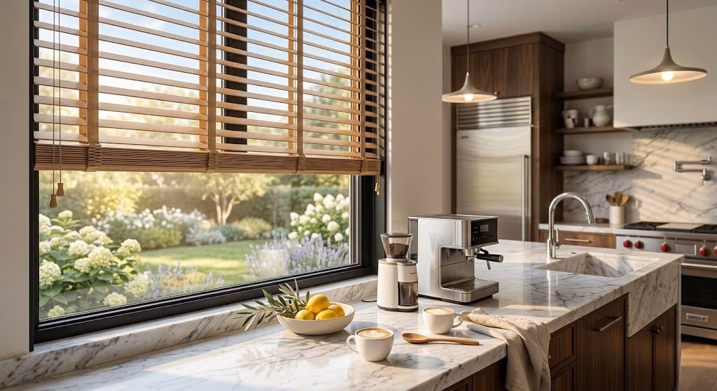 Bay Blinds Hunter Douglas moisture-resistant cellular shades with antimicrobial TrueBlock fabric in a luxury marble bathroom near Terra Linda, Novato CA 94945
