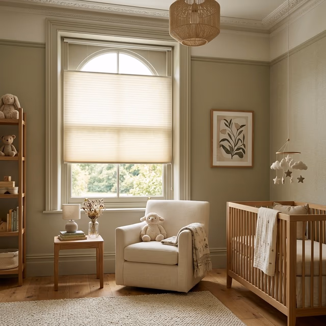 Bay Blinds child-safe cordless cellular shades filtering soft daylight in a modern nursery, WCMA Best for Kids certified, San Rafael CA