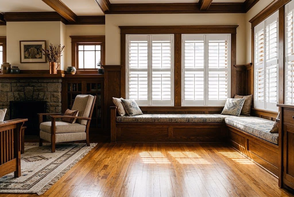 Bay Blinds custom walnut plantation shutters with 3.5-inch basswood louvers and R-3.5 insulation rating installed in a residential estate near The Madrona, Mill Valley CA 94941