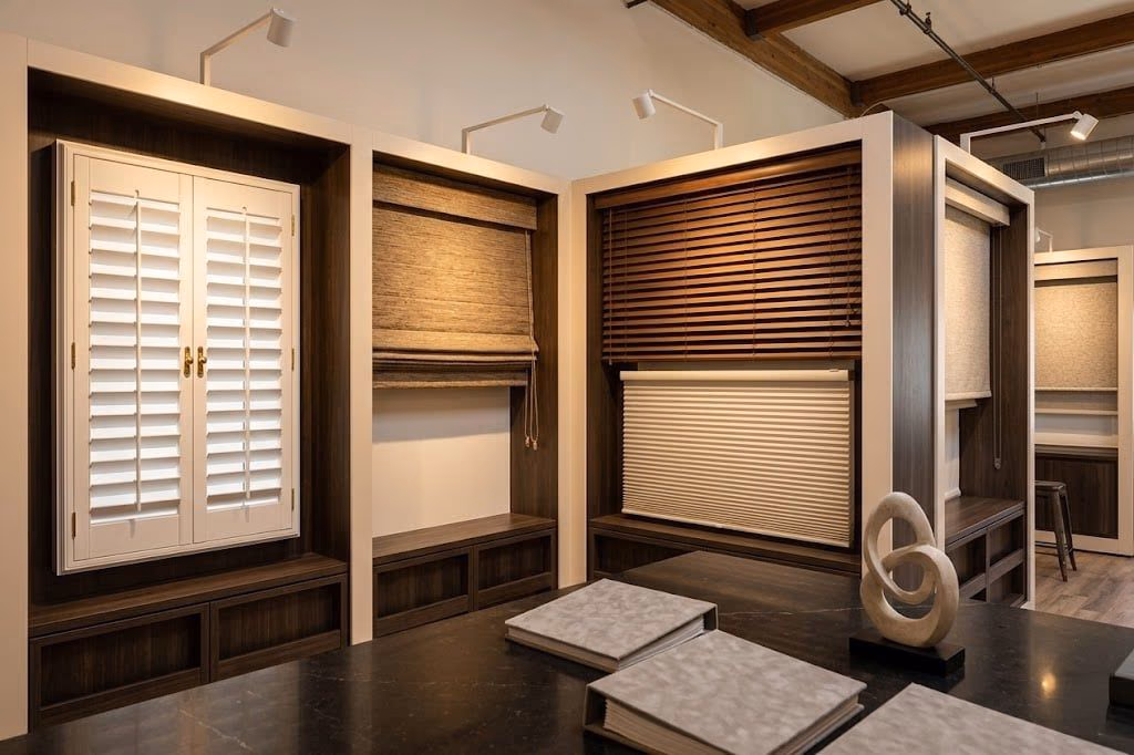 Bay Blinds curated Hunter Douglas Signature Gallery showcasing roller shades shutters and blinds with PowerView automation in a luxury Marin County showroom, Novato CA 94945