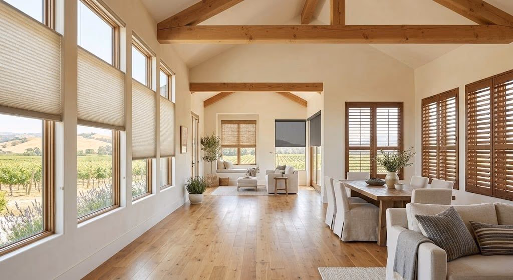 Bay Blinds custom honeycomb shades in an open floor plan with Richardson Bay Valley views showcasing room-by-room window treatment design near Mount Burdell, Mill Valley CA 94941