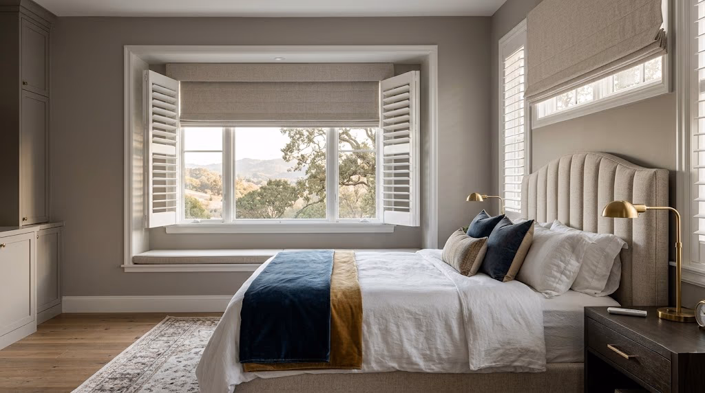 Bay Blinds custom upholstery and plantation shutter coordination with designer fabric matching by our design team in a San Rafael craftsman home, Novato CA 94945