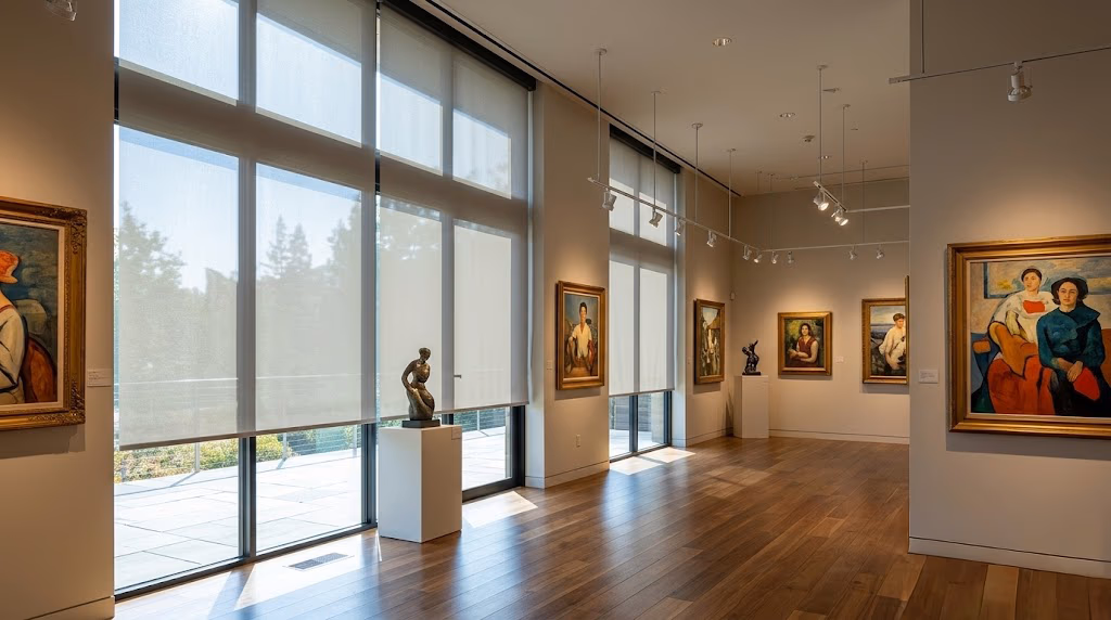 Bay Blinds 99% UV-filtering solar shades preserving fine art and hardwood floors with SHGC 0.17 performance in a Lucas Valley estate near local estates, Mill Valley CA 94941