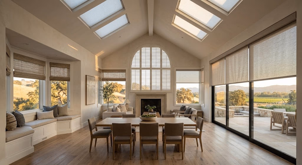 Bay Blinds custom-shaped Hunter Douglas solar shades on arched specialty windows in a Lucas Valley hillside estate near local estates, Mill Valley CA 94941