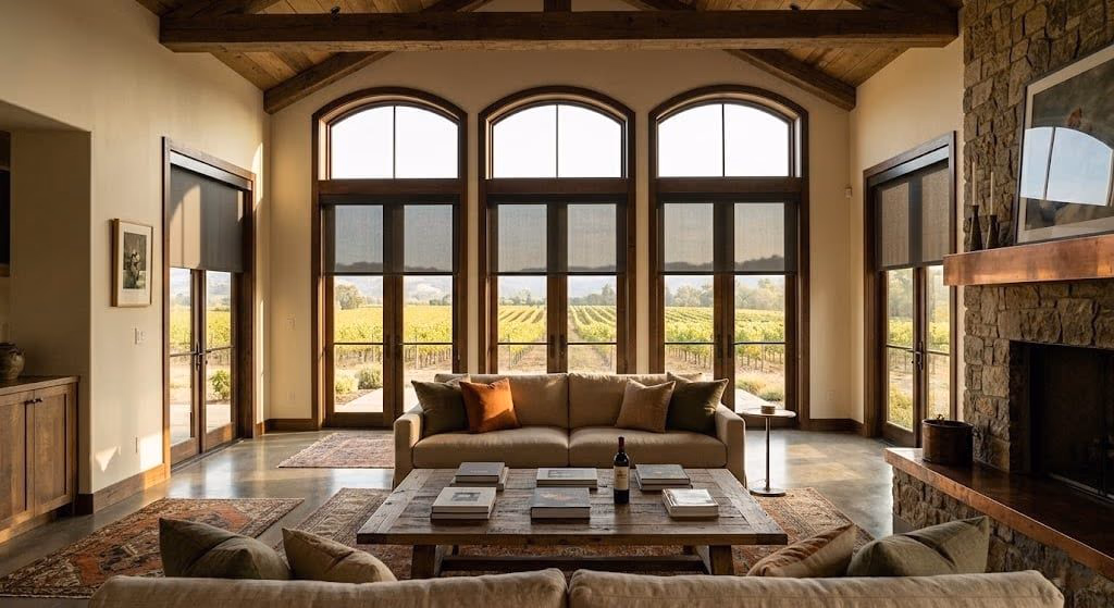 Hunter Douglas solar shades UV protection for wine estate with arched windows in Marin County home