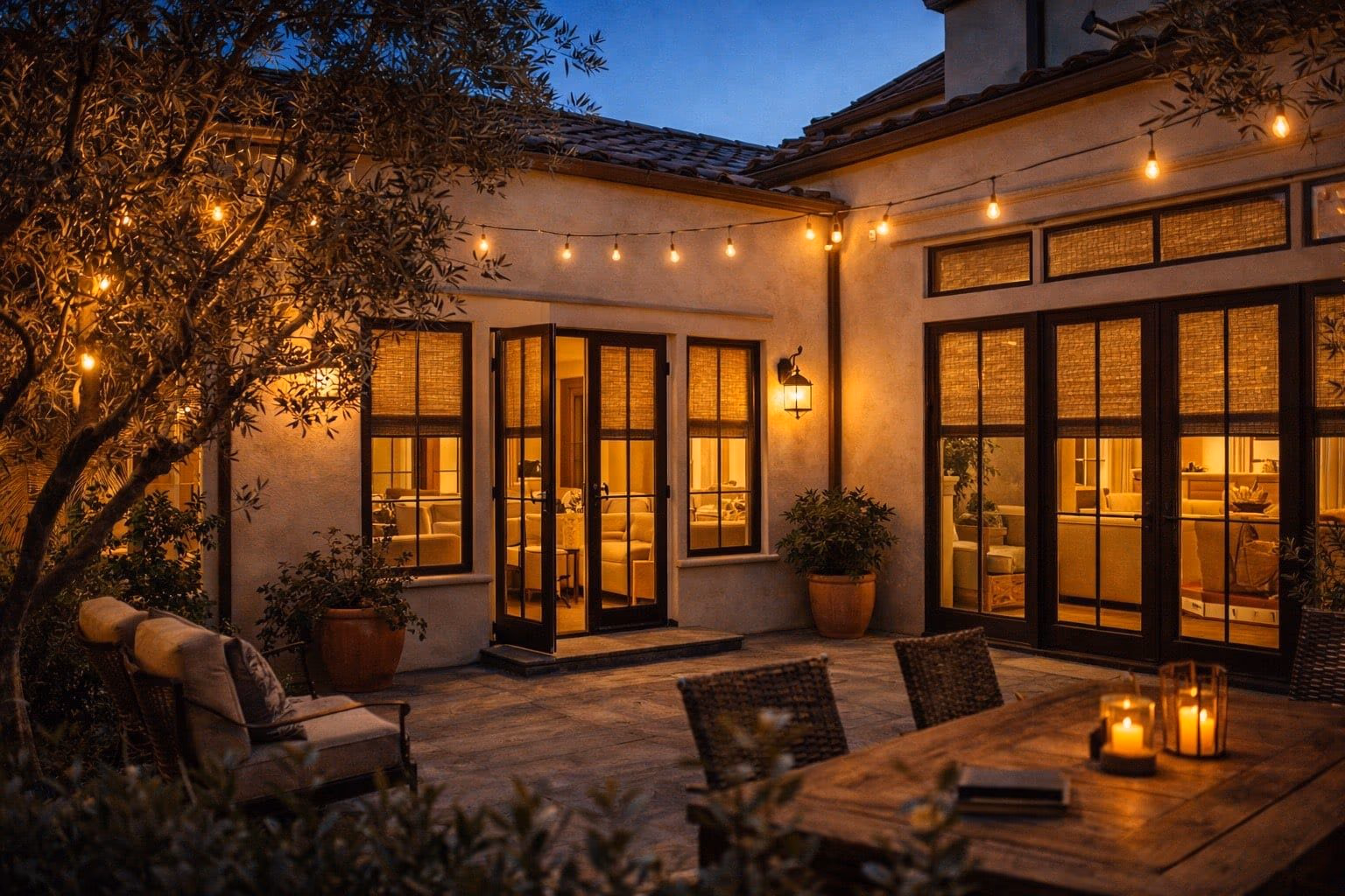 Hunter Douglas woven shades circadian wellness evening light management for a Mill Valley courtyard in Marin County