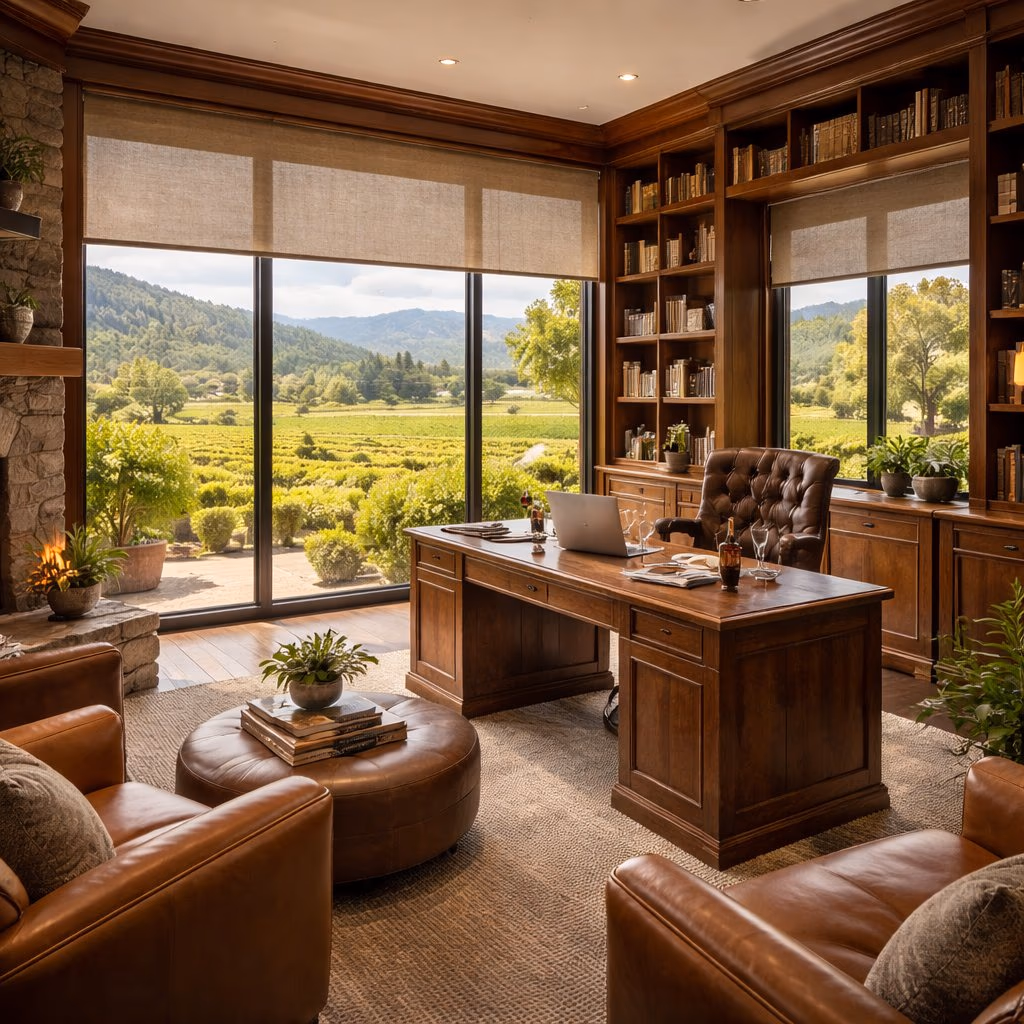 Designer solar screen shades reducing monitor glare on a study desk with hillside views, installed by Bay Blinds, Novato CA 94945