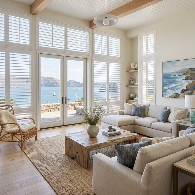 Bay Blinds custom plantation shutters in a bright Marin County coastal estate living room