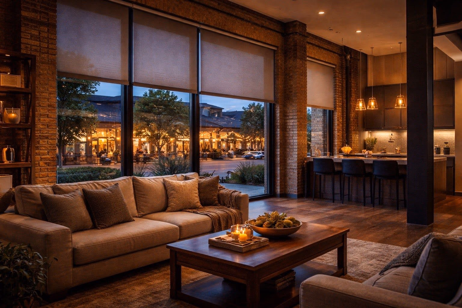 Bay Blinds motorized roller shades with evening city views in a contemporary Pacheco Valle residence, Novato CA 94945