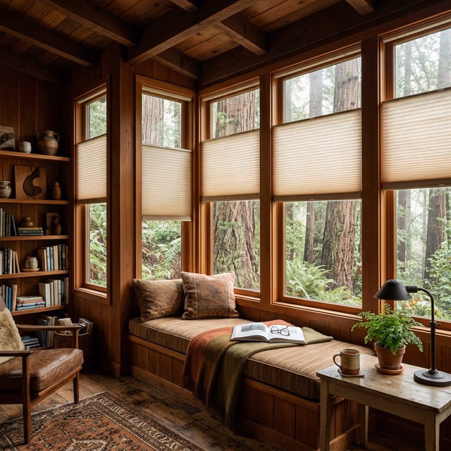 Bay Blinds Duette Architella honeycomb shades with R-7.0 insulation on a cozy window seat managing redwood canopy shade and fog moisture in a Blithedale Canyon residence, Mill Valley CA 94941