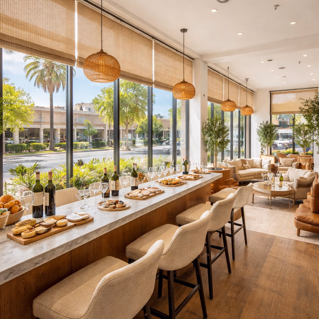 Solar shades providing UV protection over wine in a tasting room with architectural glass in Marin County