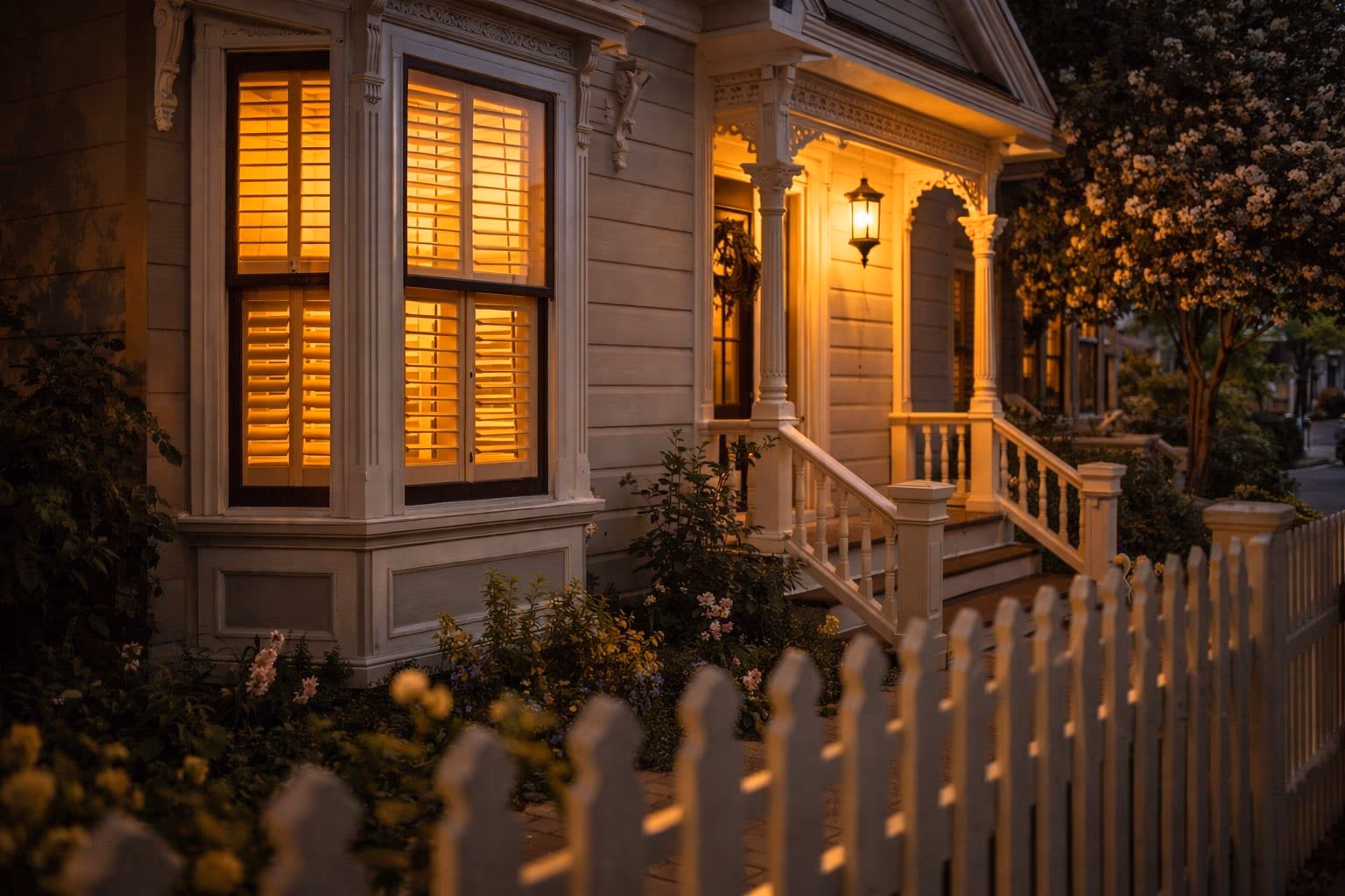Bay Blinds custom plantation shutters with warm interior glow complementing original Victorian millwork in historic Petaluma River District, Petaluma CA 94952