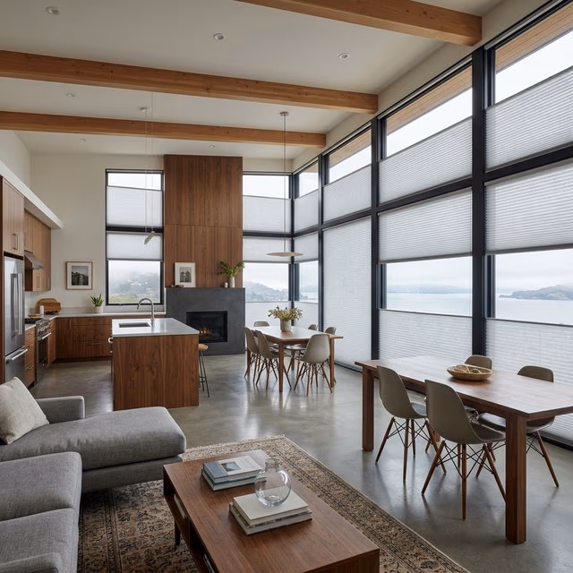 Hunter Douglas Duette cellular shades framing bay views in a contemporary San Rafael home by Bay Blinds, Novato CA 94945
