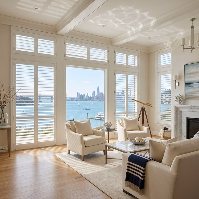 Custom polysatin plantation shutters framing an SF skyline view in a Tiburon waterfront home