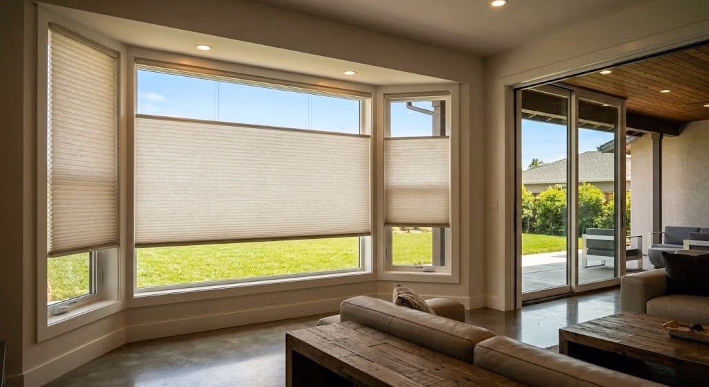 Hunter Douglas Duette honeycomb cellular shades on a picture bay window, installed by Bay Blinds, Novato CA 94945
