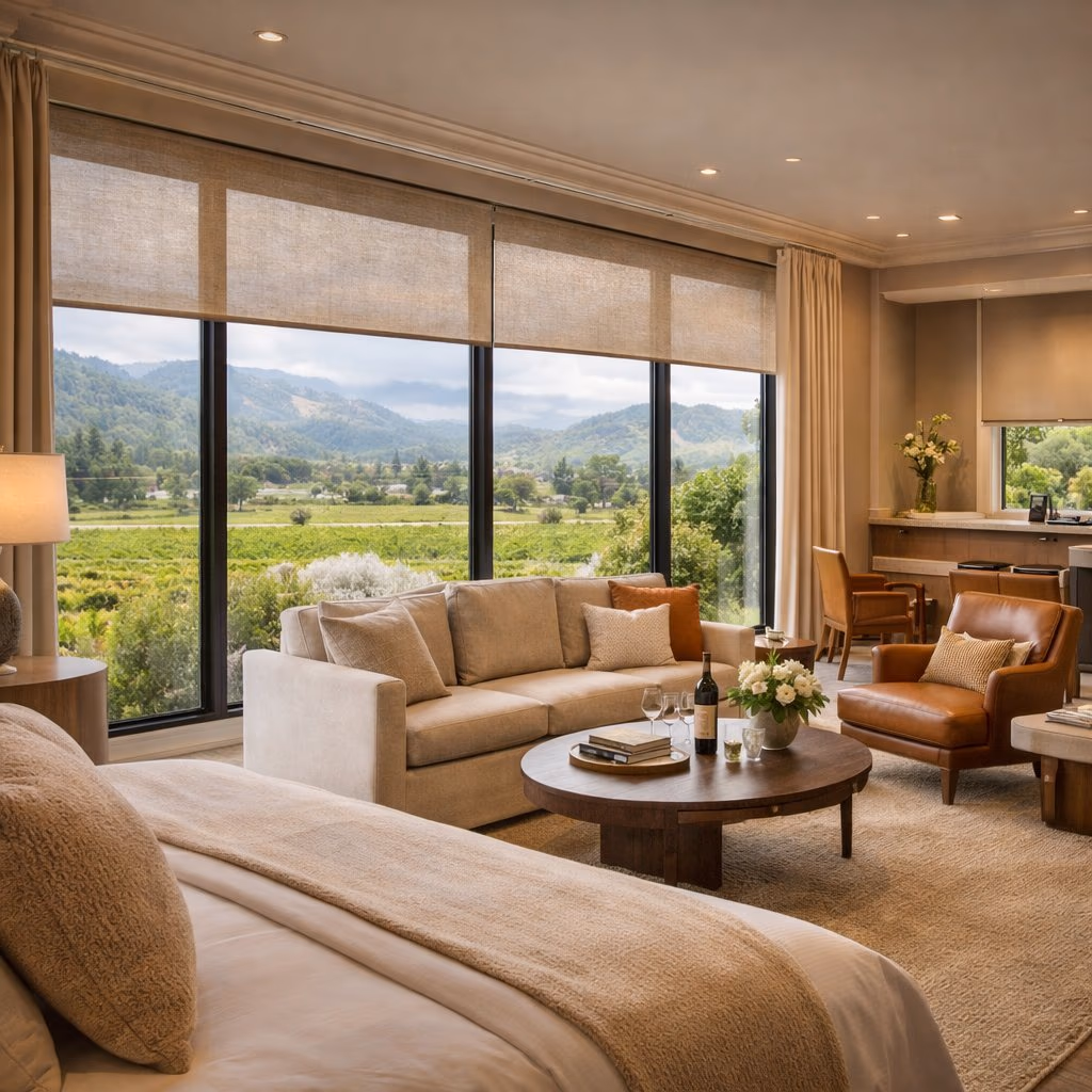 Hunter Douglas hospitality-grade motorized shades with UV-stabilized fabric for contract-duty cycling in a boutique hotel guest suite served by Bay Blinds, Marin County CA