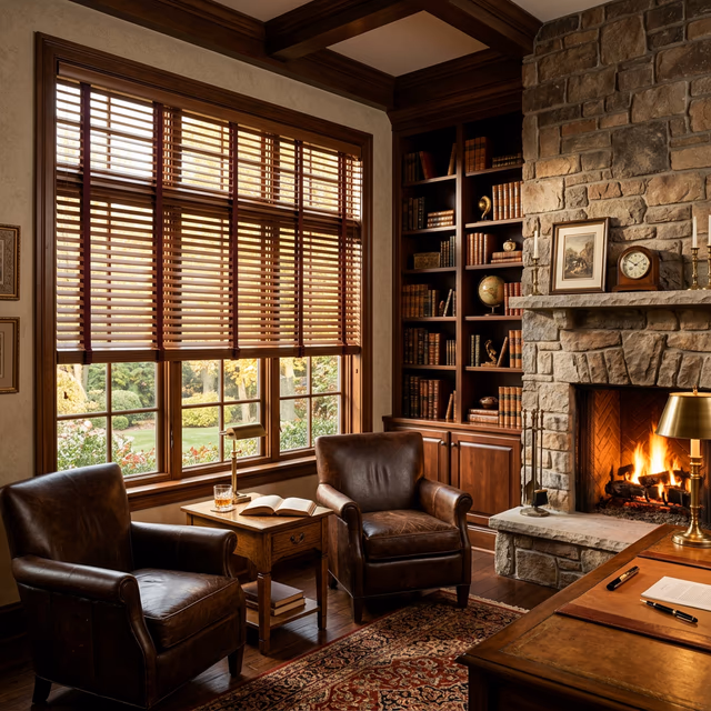 Custom wood blinds with adjustable slats in a light-filled study with a fireplace