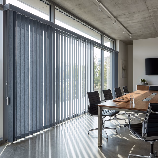 Aluminum and vertical blinds on a wide modern office window