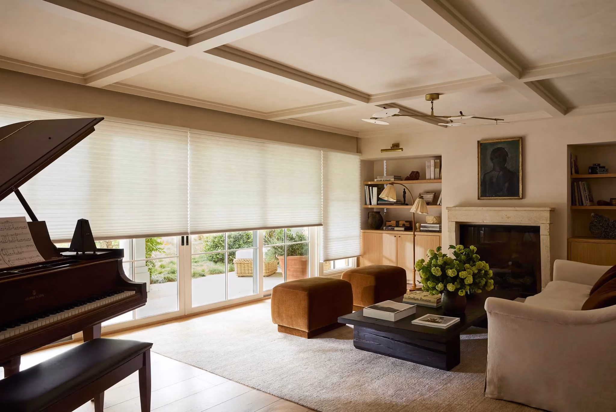 Hunter Douglas cellular shades UV protection for art and grand piano in Marin County home