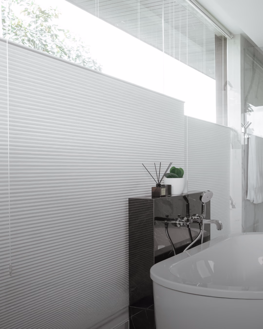 Moisture-resistant window treatments in a marble bathroom by Bay Blinds, Novato CA 94945