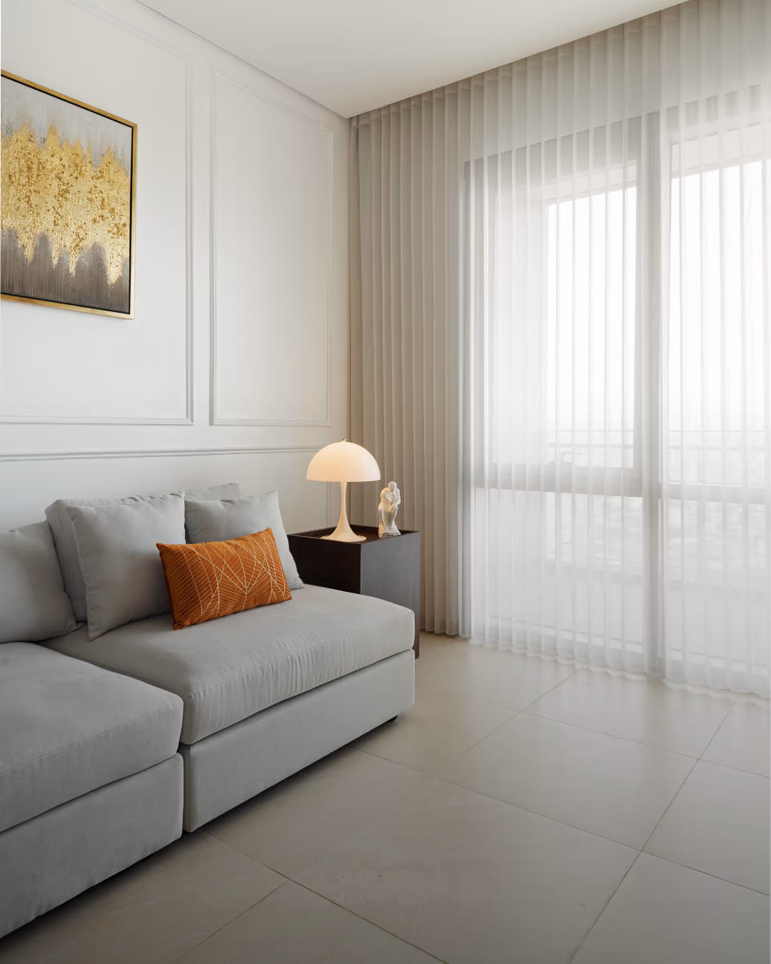 Bay Blinds custom sheer drapery panels with our design team designer fabric selection and precision track-mounted hardware in a contemporary Marin County interior, Novato CA 94945