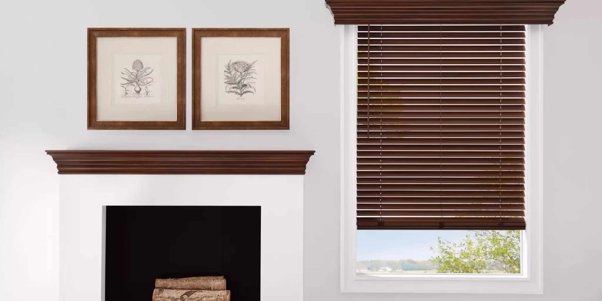 Tailored custom wood blinds fitted to a Marin County living room window, installed by Bay Blinds, Novato CA 94945