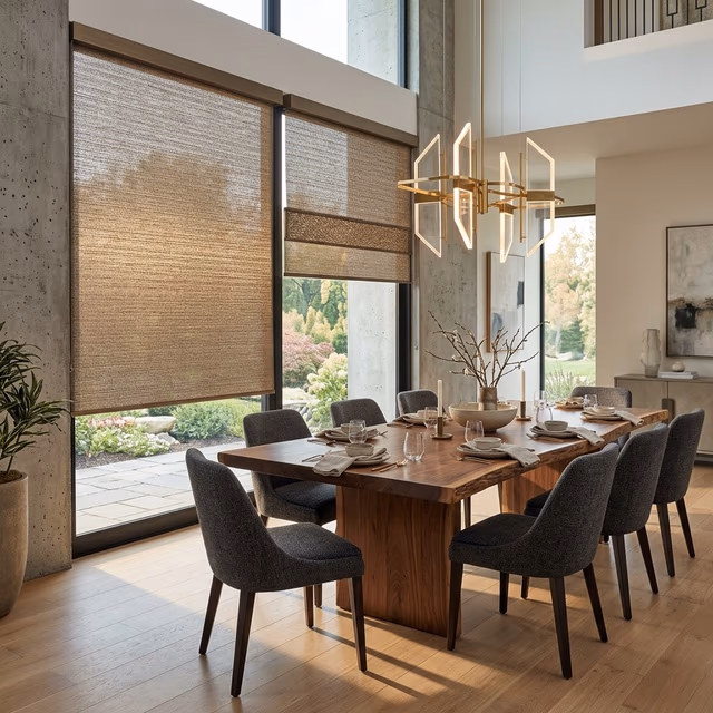 Hunter Douglas Alustra Woven Textures roller shades with metallic bronze-threaded artisan fabric and exclusive brushed bronze hardware in an architect-designed dining room, installed by Bay Blinds Mill Valley CA 94941