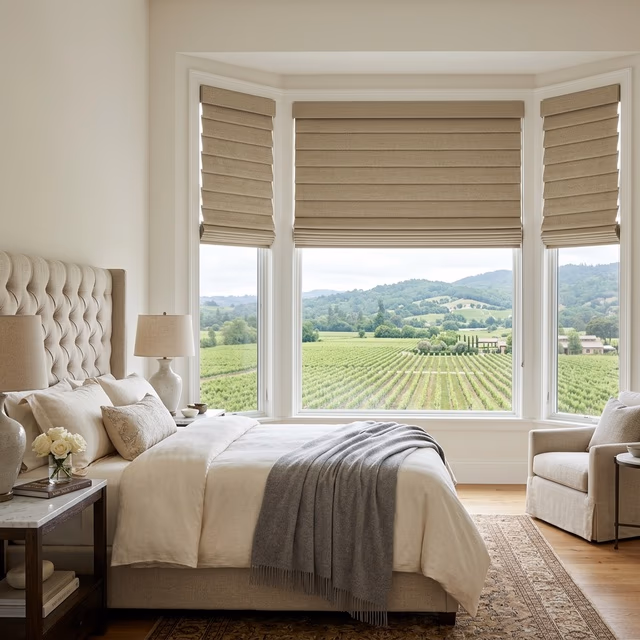 Hunter Douglas Alustra Woven Textures Roman shades with organic flax-toned fabric, contoured battens and exclusive brushed nickel hardware in a luxury master suite overlooking the North Bay, installed by Bay Blinds Mill Valley CA 94941