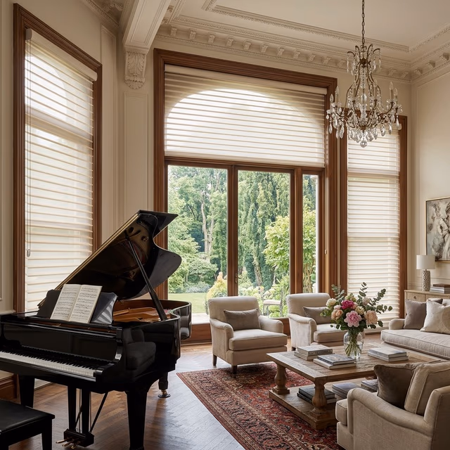 Hunter Douglas Aria fabric blinds with soft translucent horizontal fabric vanes and innovative tilt bar beside grand piano in a luxury living room with tall ceilings and crown molding, installed by Bay Blinds Novato CA 94945