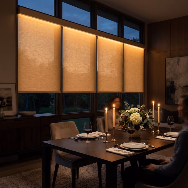 Hunter Douglas Aura illuminated shades with integrated LED backlighting creating warm ambient glow through translucent fabric in a sophisticated dining room at twilight replacing overhead fixtures, installed by Bay Blinds Novato CA 94945