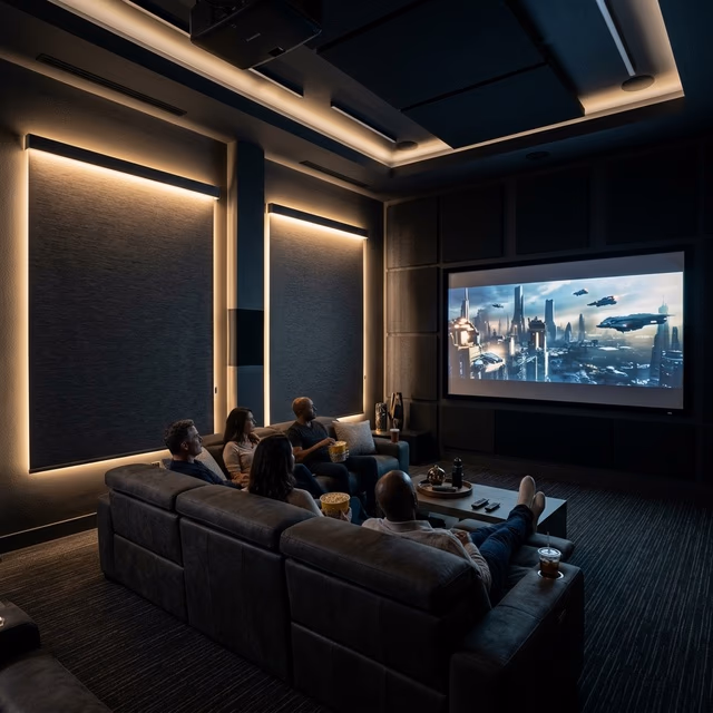 Hunter Douglas Aura illuminated shades providing soft LED bias lighting in a modern home theater media room with room-darkening fabric and PowerView Gen 3 automation, installed by Bay Blinds Novato CA 94945