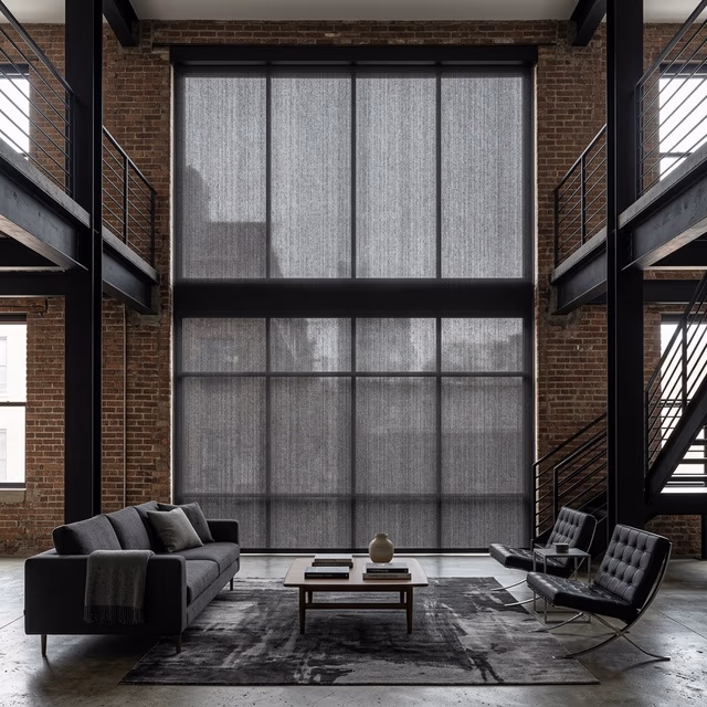 Conrad Original architectural roller shades in charcoal performance fabric spanning oversized 16-foot-wide window in dramatic double-height loft with exposed brick walls steel beams and concealed bracket mounting, installed by Bay Blinds Novato CA 94945