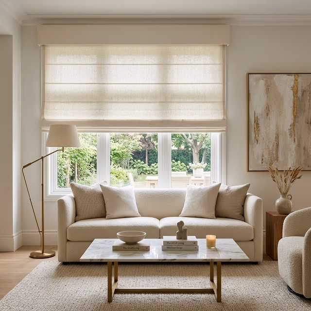 Conrad Original roman shades in Belgian linen COM fabric with crisp horizontal folds and fabric-wrapped fascia in designer living room with marble coffee table and contemporary art, installed by Bay Blinds Novato CA 94945