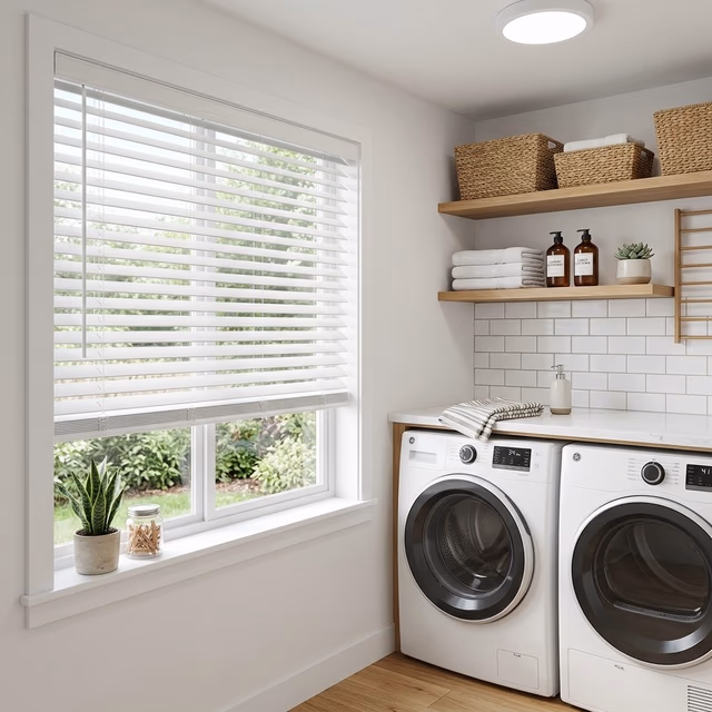 Hunter Douglas EverWood faux wood blinds in a bright laundry room resisting humidity, installed by Bay Blinds, Novato CA 94945