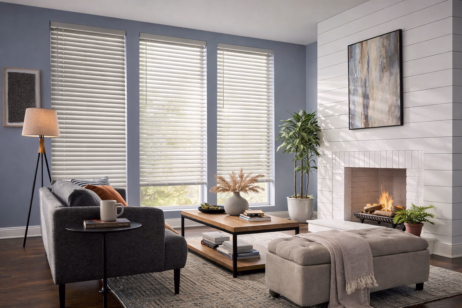 Hunter Douglas Parkland and EverWood wood blinds in a shiplap living room with cordless operation, installed by Bay Blinds, Novato CA 94945
