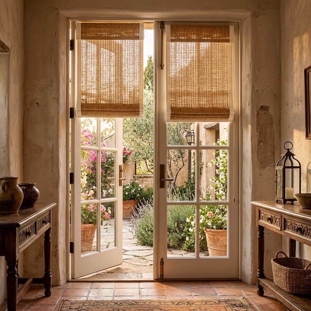 Hartmann and Forbes handwoven natural fiber shades in warm honey-toned jute weave with fabric tape edge binding on tall French doors opening to Mediterranean courtyard garden, installed by Bay Blinds Mill Valley CA 94941