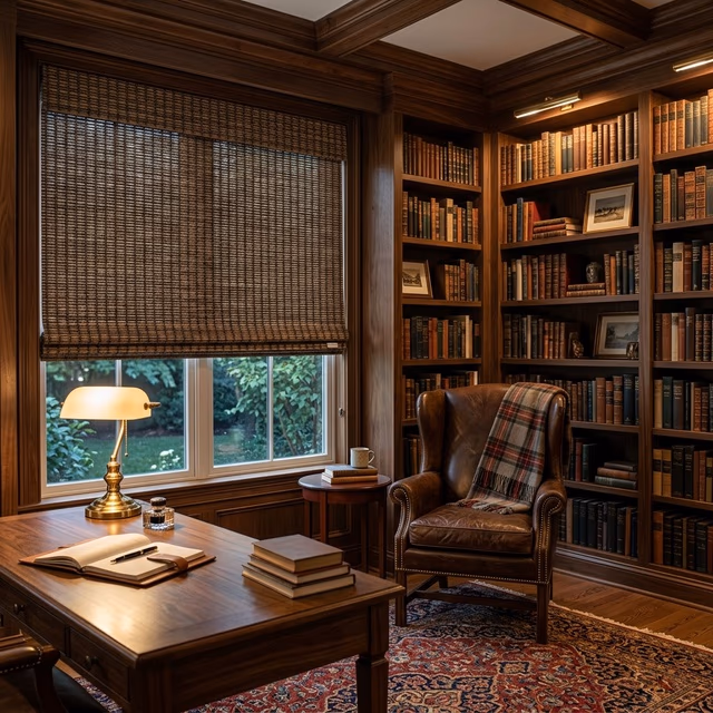 Hartmann and Forbes woven wood shades in dark bamboo and sea grass tight-weave in sophisticated home study library with leather wingback chair and brass desk lamp, sustainably sourced low-VOC materials, installed by Bay Blinds Mill Valley CA 94941