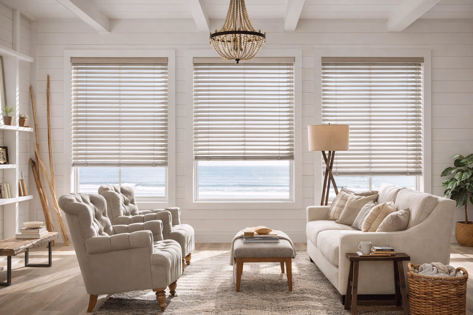 Hunter Douglas Silhouette Window Shadings with soft S-shaped vanes diffusing natural light in a white coastal living room with ocean views and beaded chandelier, installed by Bay Blinds