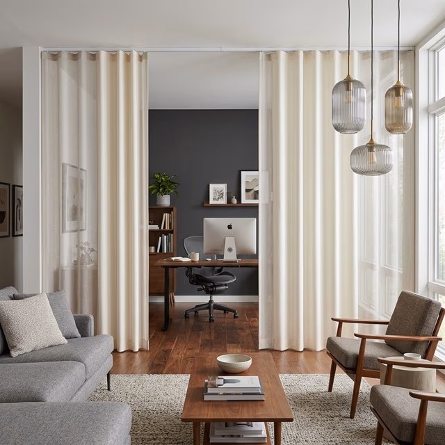 Hunter Douglas Skyline Gliding Window Panels as architectural room divider separating home office from living area with alternating solid and translucent linen fabric panels on ceiling-mounted track, installed by Bay Blinds Novato CA 94945