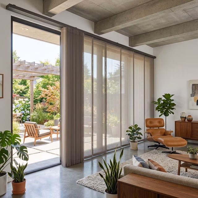 Hunter Douglas Skyline Gliding Window Panels with 17-inch semi-translucent warm gray fabric panels covering 16-foot sliding glass door with ceiling-mounted track and interlocking bottom weights in modern open-concept living room, installed by Bay Blinds Novato CA 94945