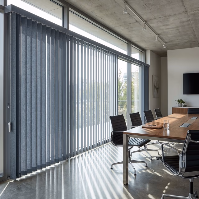 Hunter Douglas Somner custom vertical blinds in textured slate-gray fabric with SoftClose louver mechanism and precision wand control creating dramatic vertical light stripes in a modern commercial conference room, installed by Bay Blinds Novato CA 94945