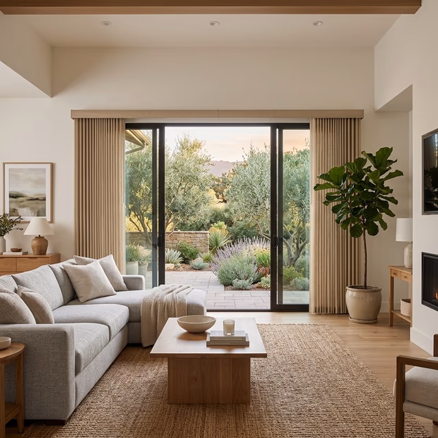 Hunter Douglas Somner custom vertical blinds in warm linen-textured fabric with split-stack configuration on wide sliding glass door revealing Northern California backyard with olive trees, installed by Bay Blinds Novato CA 94945